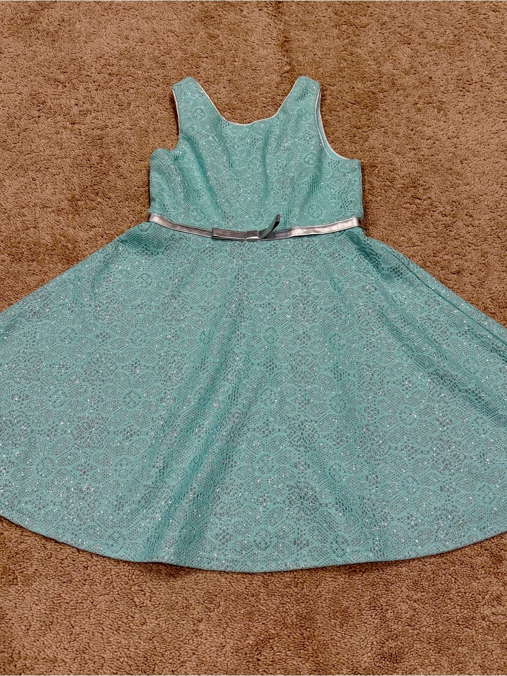 Emily West Girls Sz 8 Green Dress with Floral Silver Sparkle A Line Knee Length